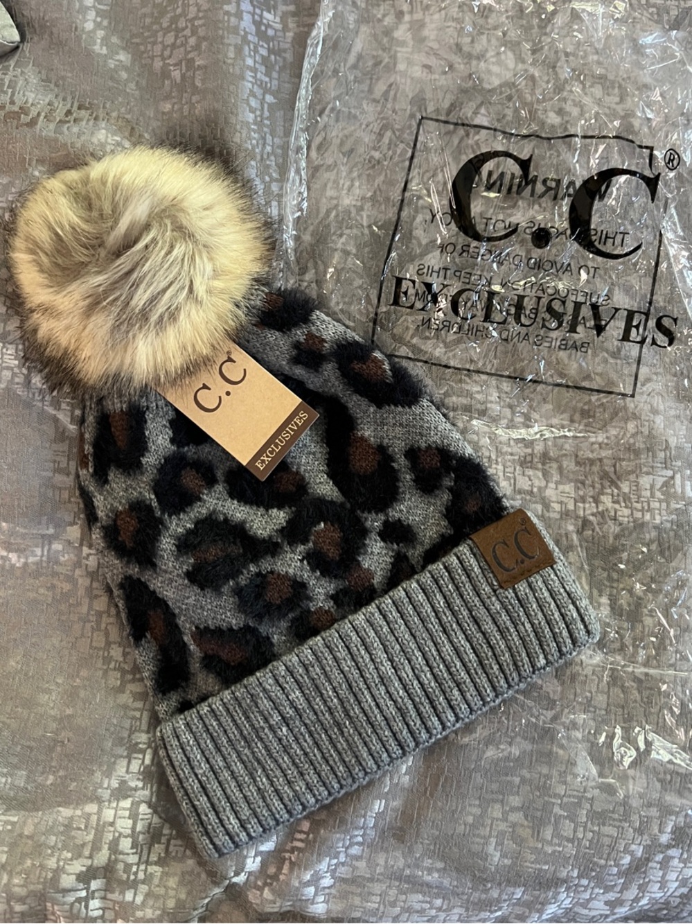 C.C Kids Leopard Print Pom Beanie - Gray/Brown/Black